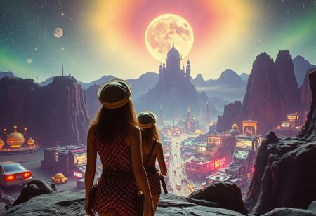cinematic photograph, three women astro-explorers explore a mysterious psychedelic city of Fruitopia  ,1960s adventure b-movie science fiction film, technicolor , in the style of Angus McKie