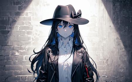 (best quality, masterpiece),  (1girl, solo, loosed black jacket, expression face, walking, looking at viewer, fedora, blue eyes, plain white shirt, long straight hair, closed mouth, surrender position, upper body,), (heavy Monochrome, brick wall background, illuminated by flashlight),