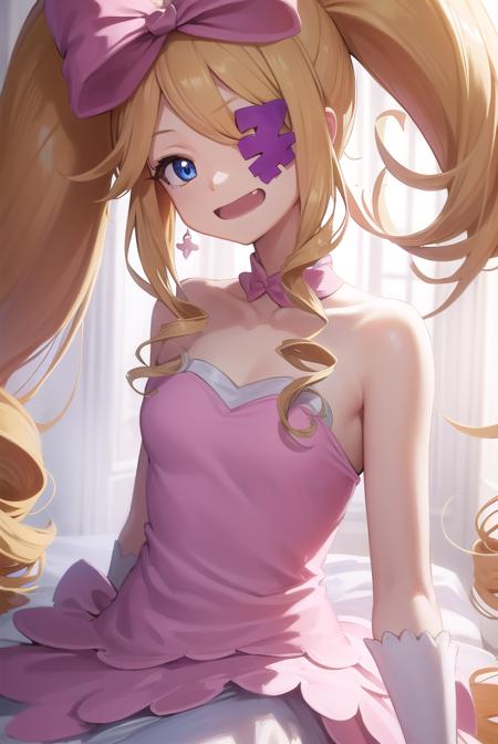 nui harime, 10s, big hair, blonde hair, blue eyes, drill hair, eyepatch, hair bow, long hair, pink bow, twin drills, twintails, boots, bow, dress, eyepatch, hair bow, pink footwear, strapless, strapless dress,