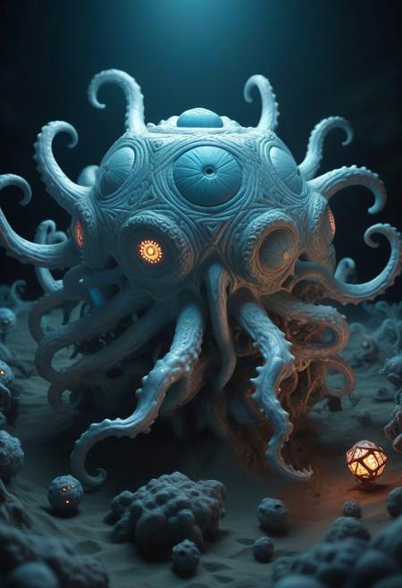 masterpiece, (best quality), official art, extremely detailed cg 8k wallpaper, WhiteMold, 3D rendered sculpture, abstract cosmic horror monster dodecahedron kraken, lit by glowing LED eyeballs