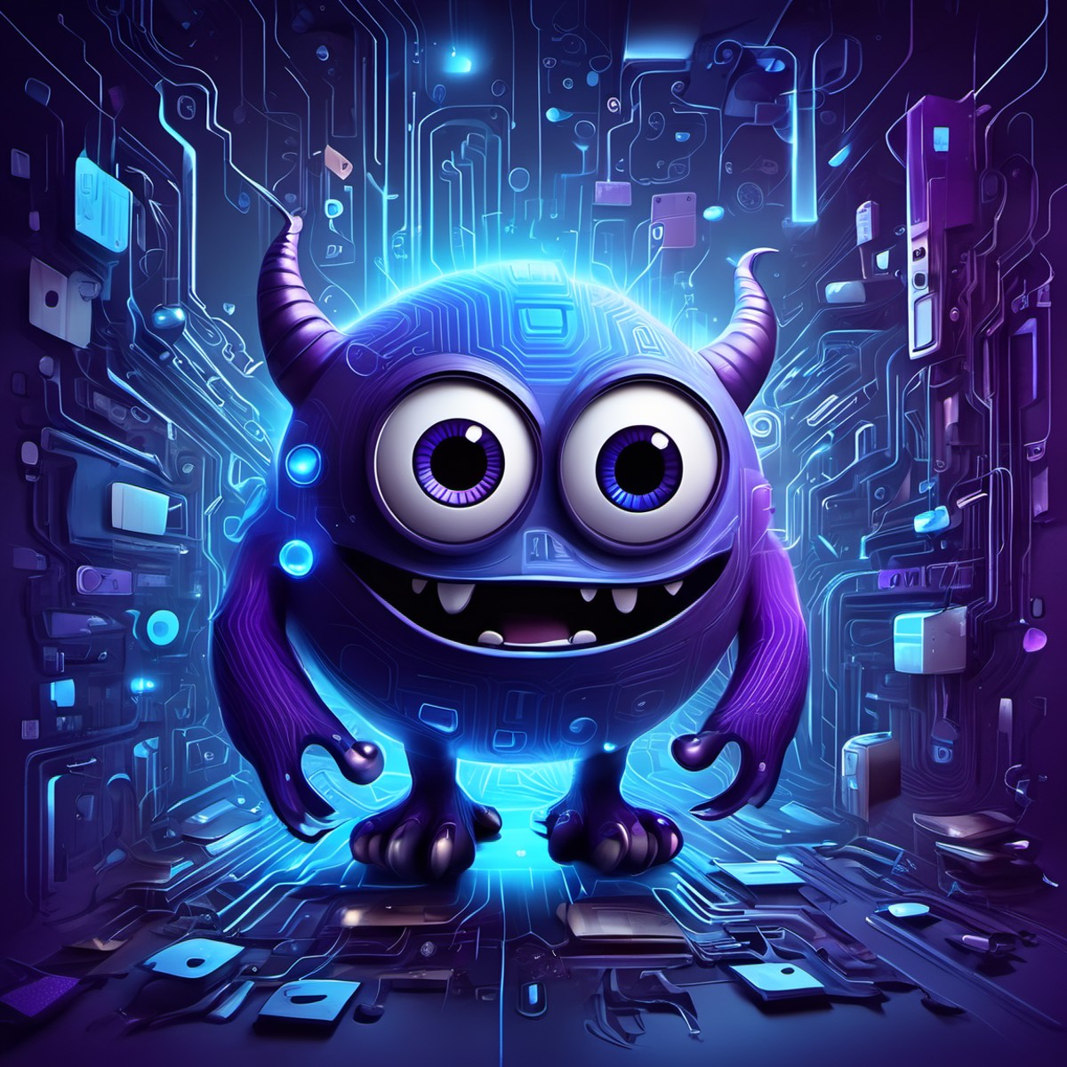 iccircuitart,blue and purple theme<lora:iccircuitart:1>, cartoon monster, cute, big eyes, big mouth, art by gediminas pran...