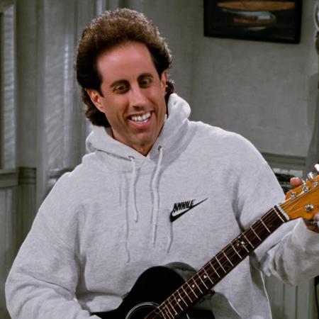 <lora:Jerry_Seinfeld-000006:1> Jerry Seinfeld, smiling, playing guitar,, full body, white hoodie