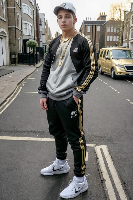 London Council house neighborhood, standing on street corner, cocky confident expression, DaneDekota is a scally lad, wearing black long sleeve tracksuit jacket, (dark gray trackpants), baseball cap, ((gold chain necklace)), white socks, Nike Air sneakers, (((full body portrait))), wide angle  <lora:DaneDekota:0.8>