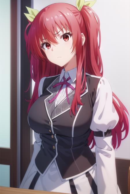 stellavermillion, <lora:stella vermillion s1-lora-nochekaiser:1>,
stella vermillion, long hair, (red eyes:1.3), ribbon, twintails, hair ribbon, red hair, angry, frown,
BREAK skirt, long sleeves, school uniform, juliet sleeves, blazer, black blazer, ribbon, red ribbon, choker, white sleeves, sleeveless blazer, (puffy sleeves:1.2),
BREAK indoors, classroom,
BREAK looking at viewer, (cowboy shot:1.5),
BREAK <lyco:GoodHands-beta2:1>, (masterpiece:1.2), best quality, high resolution, unity 8k wallpaper, (illustration:0.8), (beautiful detailed eyes:1.6), extremely detailed face, perfect lighting, extremely detailed CG, (perfect hands, perfect anatomy),