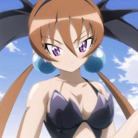 (masterpiece), (best quality), <lora:artkoikoi_AlisaSoutherncross_Keroro:1>,alisa_southerncross, alisa_aquaticsuit, 1girl, solo, long_hair, breasts, looking_at_viewer, large_breasts, brown_hair, hair_ornament, cleavage, twintails, jewelry, medium_breasts, purple_eyes, upper_body, hairband, earrings, orange_hair