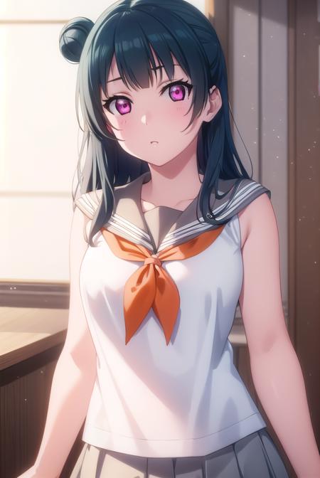 yoshikotsushima, <lora:yoshiko tsushima s2-lora-nochekaiser:1>,
yoshiko tsushima, long hair, bangs, blue hair, (pink eyes:1.3), hair bun, single hair bun, single side bun,
BREAK shirt, school uniform, white shirt, serafuku, neckerchief, uranohoshi school uniform, (orange neckerchief:1.2), sleeveless, skirt, pleated skirt, grey skirt,
BREAK indoors, classroom,
BREAK looking at viewer, (cowboy shot:1.5),
BREAK <lyco:GoodHands-beta2:1>, (masterpiece:1.2), best quality, high resolution, unity 8k wallpaper, (illustration:0.8), (beautiful detailed eyes:1.6), extremely detailed face, perfect lighting, extremely detailed CG, (perfect hands, perfect anatomy),