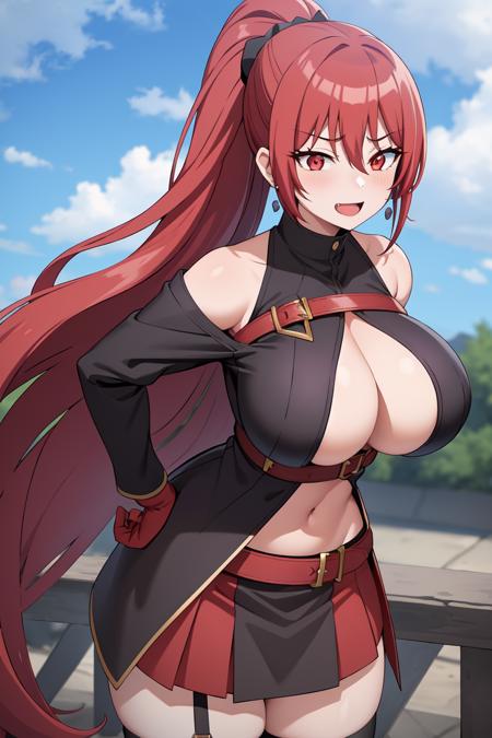 1girl, bangs, bare_shoulders, blue_sky, blush, breasts, cleavage, cloud, cloudy_sky, day, earrings, eyebrows_visible_through_hair, garter_straps, gloves, hand_on_hip, jewelry, large_breasts, long_hair, looking_at_viewer, open_mouth, outdoors, ponytail, red_eyes, red_gloves, red_hair, skirt, sky, solo, thighhighs
maya Ikusaba <lora:Maya IkusabaV3:0.7> ((best quality)), ((masterpiece)), (detailed), smile, (evil:1.2)
(interview:1.3), (dark background, fire:1.3)