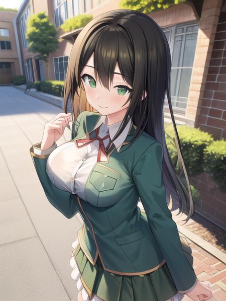 best quality, masterpiece, highres, detailed, perfect anatomy,  <lora:Detail - add_detail:0.2>, black hair, green eyes, medium breasts, breast pocket, student uniform, green clothes, red bow, happy, layered skirt, school courtyard, outside, <lora:Character - SatsukiV12:0.8>