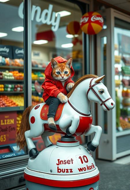 outside a candy store, little sad cat with red hoodie is sitting atop and riding a coin-operated robotic pony  the pony is white with brown the label on the base of the machine reads "Insert 10 buzz to work ", photo-realistic