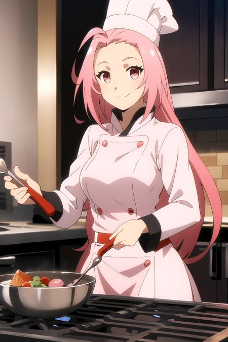 masterpiece, 1girl, pink hair, long hair, cleo, chef, chef dress, chef hat, cooking, look at viewer, smile