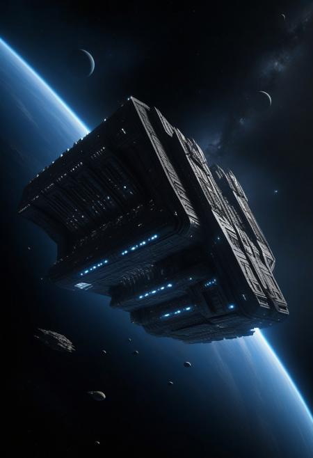 A colossal interstellar spaceship, a massive freighter with intricate, biomechanical designs reminiscent of H.R. Giger’s aesthetic. The ship features sparse, faintly glowing blue elements along its hull, emphasizing its alien and industrial nature. It drifts silently in the deep, dark void of space, with distant planets barely visible in the background, adding a sense of isolation and scale. The scene is shadowy and atmospheric, with a dark color palette dominated by blacks, grays, and muted metallic tones. The lighting is minimal, creating a mysterious and foreboding ambiance. Negative: no resemblance to Star Wars, no bright or flashy elements, no heroic or fantastical designs