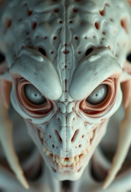 close up shot, symmetrical front view of an albino underworld creature,small white zombie eyes, hyper realistic, ultra detailed, translucent skin