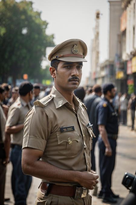 a stunning intricate full color photo of Indian man, as a police officer, in a khaki Indian police uniform, (Indian_Police_Uniform:1) <lyco:Indian_Police_Uniform_V1:1.25> on a busy Indian street, detailed skin, epic character composition, by ilya kuvshinov, alessio albi, nina masic, sharp focus, full focus, realistic light, subsurface scattering, f25, 35mm, film grain, analog style,  epiCRealism