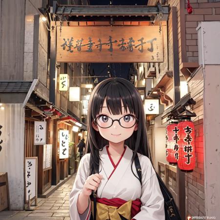 best quality, ultra-detailed, illustration,
1girl, glasses, solo, black hair, long hair, smile, looking at viewer, upper body, face focus,
houzenji yokocho, gate, osaka, japan, lantern, paper lantern, outdoors, scenery, night, storefront, alley, road, bag, street, 
 <lora:houzenji_yokocho_SD15_V1:0.8>