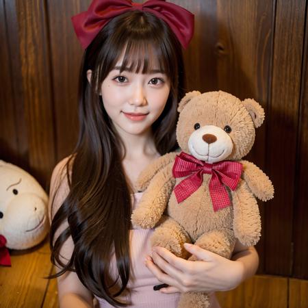 1girl, solo, stuffed toy, stuffed animal, long hair, bow, looking at viewer, hair bow, smile, black hair, ribbon, brown hair, upper body, teddy bear, bangs, mole,y.o.