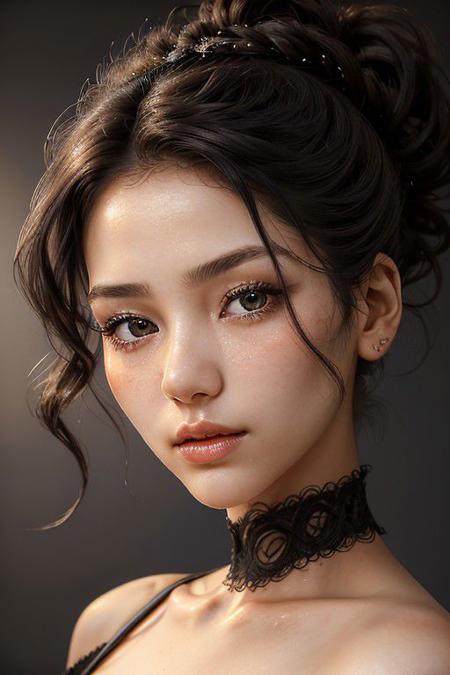 A detailed portrait of a young woman exuding elegance and natural grace. She has a voluminous updo hairstyle with wisps of hair tenderly framing her face. Her hazel eyes are accentuated by tasteful makeup, s. She wears a high-necked black top, suggesting a blend of casual refinement. The lighting should illuminate her face against a subdued background, emphasizing her calm and confident expression. High Fashion, dynamic, dramatic, elegant, High fashion supermodel, avant garde style
fFaceDetaile