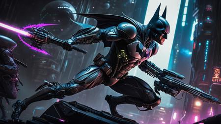 Alien-themed cyberpunk version of batman fighting  . Extraterrestrial, cosmic, otherworldly, mysterious, sci-fi, highly detailed