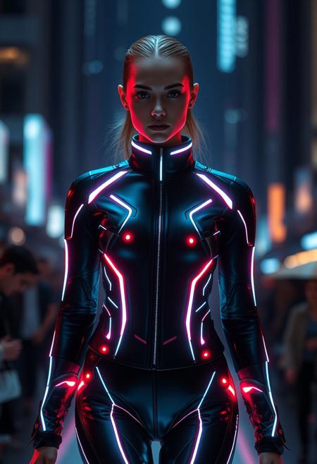 futuristic LED-infused clothing, high-tech fashion, glowing patterns, (neon lights:1.2), fiber-optic fabric, ultra-modern design, (sharp focus), high-definition, luminous accents, (muted colors:-1), sleek minimalism, illuminated textures, glowing seams, cyberpunk aesthetics, techwear, smooth transitions between light and fabric, (lowres:-1), cutting-edge fashion, glowing stripes, dynamic lighting, fashion runway, glowing accessories, radiant details, bold yet subtle, wearable technology, soft LED glows, form-fitting silhouettes, (bad anatomy:-1.4), (good anatomy:1.4), smooth skin, chic and modern, glossy surfaces, high-contrast lighting, ultra-realistic textures, night city backdrop, high-resolution, (overexposed:-1), tech chic, surreal light effects, energy-infused materials, futuristic elegance, illuminated with precision, smart fabric integration, glowing threads, sleek contours