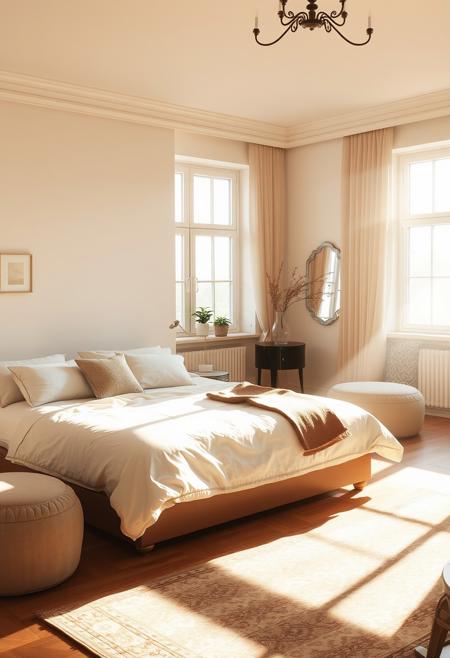 A cozy bedroom featuring a large bed as the focal point, with soft, inviting bedding and plush pillows. The room is bathed in gentle, warm morning light streaming through a large window, casting a soft glow over the entire space. The light creates delicate shadows on the floor and highlights the textures of the fabrics and furniture. The interior is tastefully decorated with subtle, elegant details such as a bedside table with a lamp, a rug with intricate patterns, and a few potted plants adding a touch of greenery. The overall atmosphere is serene and welcoming, with the morning light enhancing the room's peaceful ambiance.
