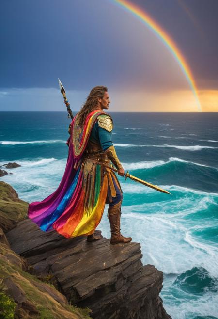 A vibrant warrior standing on the edge of a cliff over a turbulent ocean, their body adorned with intricate
rainbow patterns made of shimmering silk fabric and glowing symbols. Their weapon is a massive spear painted with
vibrant colors, its tip made of translucent crystal that refracts the light from the stormy sea into a rainbow
spray. The background is a dramatic sky filled with swirling clouds and rain, with distant flashes of lightning
illuminating the warrior's figure. The ocean below is rough with towering waves, and ships in the distance show
signs of damage from harsh seas. The color palette should be dominated by vibrant purples, blues, and greens, with
accents of yellow and orange to convey energy and power. Rainbow Morph