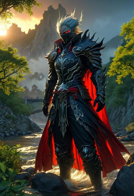 A striking and awe-inspiring graphic novel scene depicts the sinister Boss Rouge assassin, the armored leader of his clan from Final Fantasy 15. He stands ominously atop a riverbank, illuminated by the soft light of the setting sun, with trees casting a mesmerizing glow. The assassin's tattered white armor is embellished with delicate red accents and a flowing cape, incorporating dark fantasy and Lovecraftian elements. The artist's expert 3D rendering creates a cinematic experience, engulfing viewers within this atmospheric setting.
The harmonious fusion of vibrant painting, architecture, portrait photography, anime, poster, photo, cinematic, and other artistic elements culminates in this visual masterpiece, showcasing elements of dark fantasy, fashion, and ukiyo-e art.