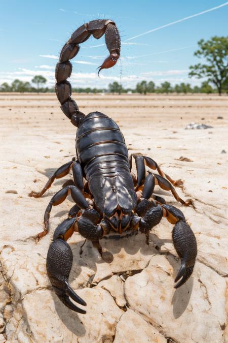 (Realistic:1.5) EdobScorpion, teeth, flying, flying, sword, sky, teeth, pokemon (creature), footprints, tail, shorts, <lora:EdobScorpionPhotoReal_v1.0:0.8>