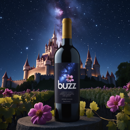 1 bottle, (a text says "Buzz", text on wine bottle), wine bottle focus, galaxy, night sky, space, beautiful castle flower garden, wine on table, 
 ,portrait, mastepiece, 4k, ray tracing, intricate details, highly-detailed, hyper-realistic, 8k RAW Editorial Photo, improved cinematic photo, 35mm photograph, film, professional