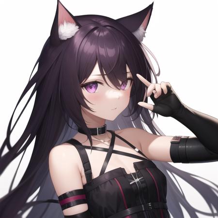 masterpiece,best quality,absurdres,highres,1girl,solo,upper body,(portrait:1.2),animal_ears,very_long_hair,black_gloves,cat_ears,fingerless_gloves,thigh_holster,black_dress,cat_tail,looking_at_viewer,black_thighhighs,asymmetrical_gloves,animal_ear_fluff,uneven_gloves,short_dress,purple_hair,black_footwear,cat_girl,elbow_gloves,thigh_strap,zettai_ryouiki,black_hair,pink_eyes,armband,choker,sleeveless_dress,criss-cross_halter,bangs,hair_between_eyes,purple_eyes,arm_strap,boots,small_breasts,<lora:Melantha(ark)>,