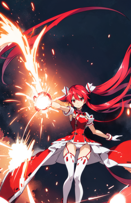 vividred, red eyes, white twintails, long hair, red hair, hair ornament, red bodysuit, red showgirl skirt, white panties, very long skirt, open front skirt, gloves, thighhighs, bow fist, hand on pink energy fist, hand on glowing