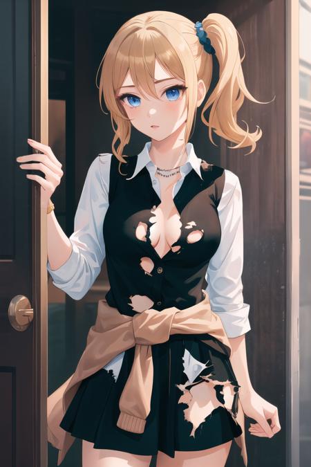 masterpiece, best quality, ultra-detailed, 1 girl,  torn clothes, aahayasaka, side ponytail, medium breasts, necklace, collared shirt, black vest, sleeves rolled up, clothes around waist, black skirt, nipples