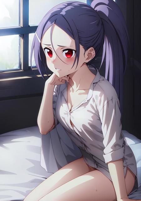 (((masterpiece))), (((best quality))), ultra-detaile,  ,[[blush]] ,sitting, (((sexy))) , (((thigh))) dress_shirt, window,
on bed,   ((white_shirt)), (((bottomless))), collarbone,[[wet]],
bangs, medium breast,  long hair, pony tail, high pony tail, hair ornament, ,red eyes,
<lora:mito21:0.7>