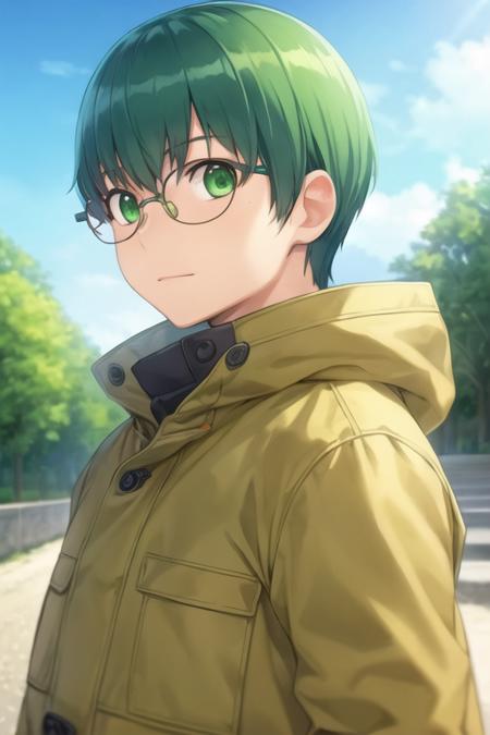 masterpiece, best quality, wallpaper, 1boy, solo, male focus, looking at viewer, upper body, depth of field, <lora:yuusaku_kitamura:0.68>, yuusaku_kitamura, green hair, green eyes, short hair, glasses, parka, , , HD-DVD