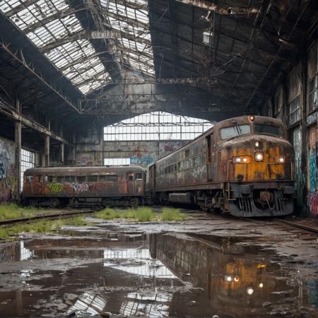abandoned train depot with leaking roof, large puddles on the cracked concrete floor, rusted electric locomotives from the 1970s covered in dust and graffiti, wet metal surfaces reflecting dim natural light, broken overhead lighting, shattered windows letting in grey daylight, overgrown vegetation creeping inside, photorealistic, high detail, moody atmosphere, water dripping from ceiling, cinematic composition, ultra-realistic, 35mm lens, depth of field, wet surfaces, HDR, sharp textures, damp smell vibe