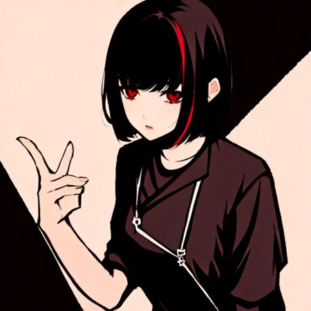 <lora:moshimoshibe-style-v1:1>, 1girl, black hair, short, bangs, red eyes