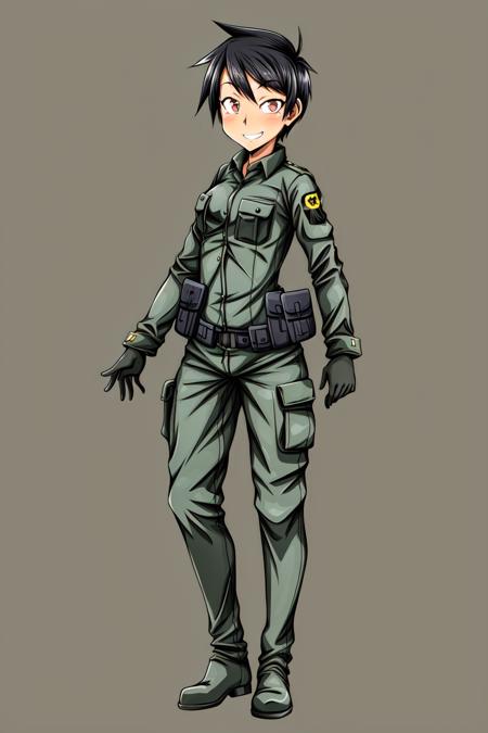 masterpiece,best quality,absurdres,1girl,xinomvn,standing,small breasts,(,straight-on,looking at viewer:1.1),tomboy,character portrait,military uniform,shirt,pants,long sleeves,rubber boots,full body,(wearing body armor:1.3),smiling,in military base,fortifications,jungle,detailed background,style of vietnam war,(wide shot), <lora:XinomVN:0.8>, <lora:add_detail:0.9>