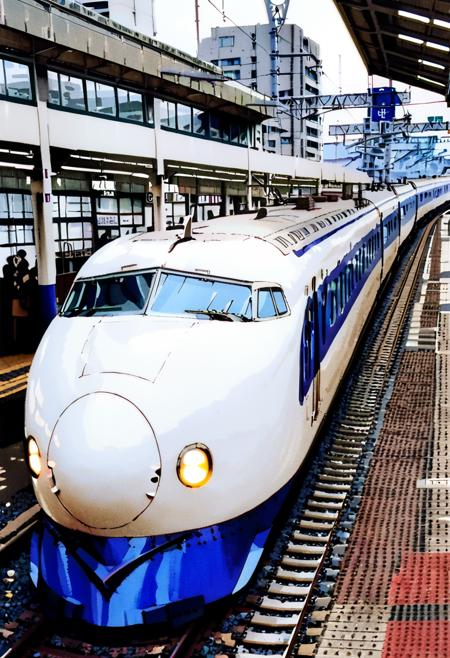 shinkansen type0, train, outdoors, vehicle focus, train station, scenery, real world location, window, realistic, building, headlight