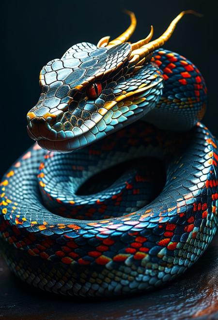 apture a photo-realistic image of a snake with dragon horns, no legs, adorned with black scales featuring intricate red and gold patterning. The snake should have colorful, beautiful eyes and be depicted in a dynamic full-body pose. Utilize cinematic lighting with Rembrandt lighting techniques to create depth and drama in the image. Incorporate volumetric lighting to enhance the atmosphere around the snake. The photograph should be taken with an aperture of F/2.8 to create a shallow depth of field and focus attention on the subject. Ensure maximum detail and ultra-realism in the rendering. The snake should be centered in the frame, commanding attention and exuding beauty and majesty. The overall composition should be visually captivating and show, ((Antro)), ((furry)),ase the intricate details of the snake's scales and horns.
(Dramatic Lighting, Photography, 3D Illustration, Vibrant Colors, Exquisite Detail, Award Winning, Stunning)  <lora:MJ52:0.5> epiCPhoto