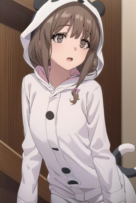 kaedeazusagawa, <lora:kaede azusagawa s1-lora-nochekaiser:1>,
kaede azusagawa, long hair, bangs, brown hair, (brown eyes:1.5), smile, open mouth,
BREAK animal ears, tail, hood, pajamas, animal hood, animal costume, panda ears,
BREAK indoors,
BREAK looking at viewer, (cowboy shot:1.5),
BREAK <lyco:GoodHands-beta2:1>, (masterpiece:1.2), best quality, high resolution, unity 8k wallpaper, (illustration:0.8), (beautiful detailed eyes:1.6), extremely detailed face, perfect lighting, extremely detailed CG, (perfect hands, perfect anatomy),