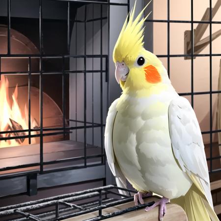 best quality, ultra high res, [32k|16k|best-quality], professional photo, <lora:Lutino_cockatiel:0.6>, Lutino_cockatiel, yellow bird, stick, birdcage, living room, fireplace, fire, (a bird in a birdcage), (a bird sitting on a cute girl's shoulder), cartoon