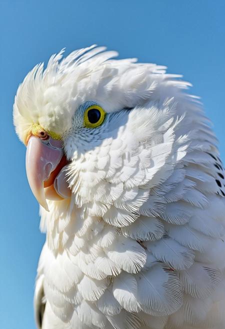 portrait, masterpiece, 4k, ray tracing, intricate details, highly detailed, hyper realistic, 8k RAW editorial photo.
a cute white budgie, head tilted and slightly blinking. The budgie's feathers should be soft and fluffy, the background should be a blue sky, dramatic light, shallow depth of field, high budget,