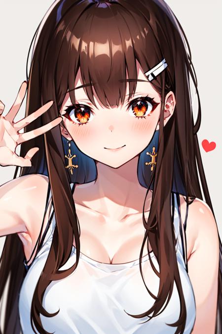 1girl, red_background, smile, looking_at_viewer, long_hair, bangs, collarbone, shirt, closed_mouth, blush, blunt_bangs, white_shirt, upper_body, bare_shoulders, orange_eyes, brown_eyes, black_hair, sleeveless_shirt, simple_background, breasts, sleeveless, brown_hair, hairclip, red_eyes, arm_up, waving, fingernails, hair_ornament, jewelry, eyebrows_visible_through_hair  <lora:style_MikaPikazo:1>