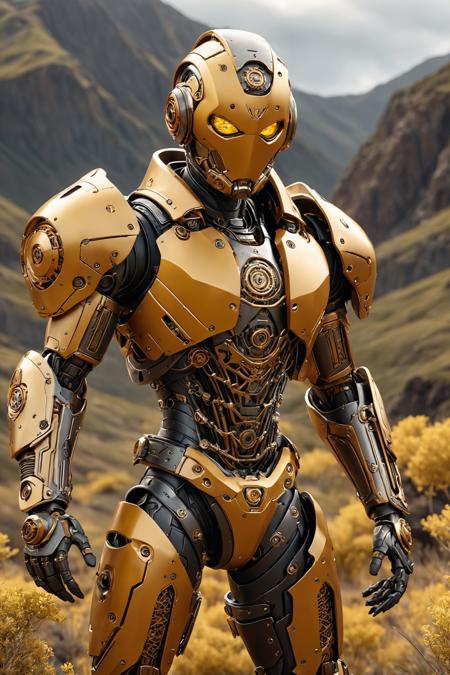 professional 3d model humanoid enforcer, shielded streampunk, voodoo bio-mechanical parts, surreal highlands, canary yellow vegetation, copper colored hues, dynamic pose, intense stare, octane render, highly detailed, volumetric, dramatic lighting