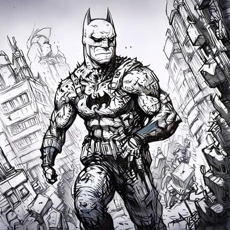 Evang, Batman standing in a destroyed city street with torn clothing, scars, scratches, battle damaged suits, tactical armor, muscular, menacing look, Batmobile to the left in the background