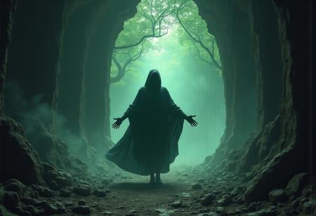 A universe inside a dark cloaked figure within mysterious landscape in an unfathomable realm of fantastic creation inhabited by ancient shadows of a forgotten time beyond the gate of the gateless gate where life is limitless, light is shadow and shadow is light, eerie sense, horror, spark of the beginning, existence and nonexistence at once, ethereal, outstretched arms, behold the end of the beginning, inglorious glory to the dark one, betrayal of the ancient order, beware the 7headed beast, destroyer of the old ways, bearer of the unbearable, nightmarish, archaic runes, tree aging backwards, breath of the gods, ruins of a place unimagined, extreme intricate detail, photorealistic, beyond epic scene, fate discarded, unseeable face of god, the end is the beginning, the beginning is the end, man arises as god dies, as above so below, as below so above, emerald tablet, thoth, guardian and saboteur of existence, hopeless hope, ghosts of the unborn, conception of the inconceivable, cosmic well of imperceptible perception, evil aura, infinite emptiness, pillars of void, overwhelming subtlety, abstract sacred geometry, beams of readiness without intention, gift of doom, despair of the ages, hidden secret warnings from dead gods, carved by the conductor of unholy loneliness of time incarnate, consumed by the night itself, beautiful tragedy of hellish discovery, unraveling mist of unreal reality, ungodly seductive repulsion, proclaim the nameless name of collapsed eternity