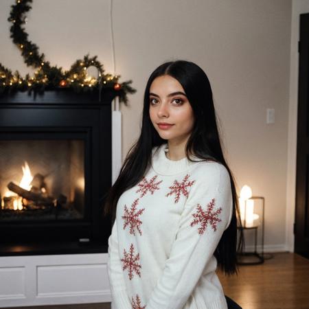 <lora:juliaaburch_sd15_512_128_64_v1:1> juliaaburch, 1girl, black long hair, wearing a christmas sweater, christmas decoration in background, lit fireplace in background