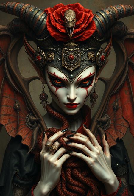 Female demon, oriental damask ornaments, in the style of restrained palette, distressed materials, realistic color schemes, hieratic visionary, figura serpentinata, nicola samori, bold yet graceful , alexander McQueen fashion costume style, oil painting style