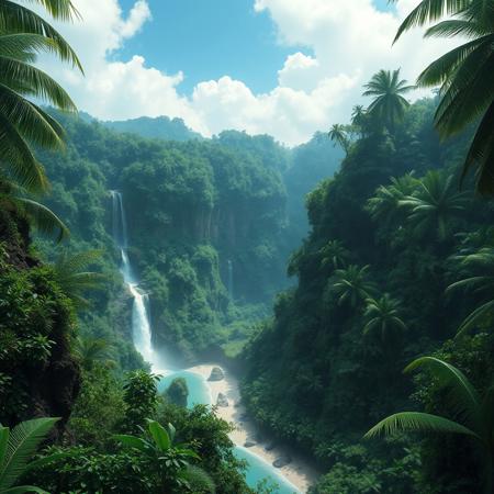 A photorealistic masterpiece of a tropical jungle view with waterfalls, dense vegetation near a beach, very high details