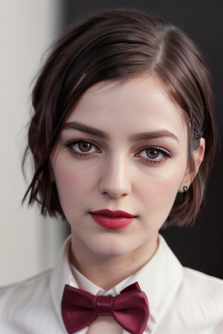 photo of a woman, ellahunt-3029:0.99, ((pale skin)), ((short hair, dark brownhair))((bowtie, white shirt):1.2),((closeup, portrait):1.2),((indoors, office):1.2),,((red lipstick, eyeliner, eye shadow, blush):1.2), ((best quality, masterpiece, extreme details, high resolution):1.2),((detailed eyes, beautiful eyes, detailed face, beautiful face):1.2)