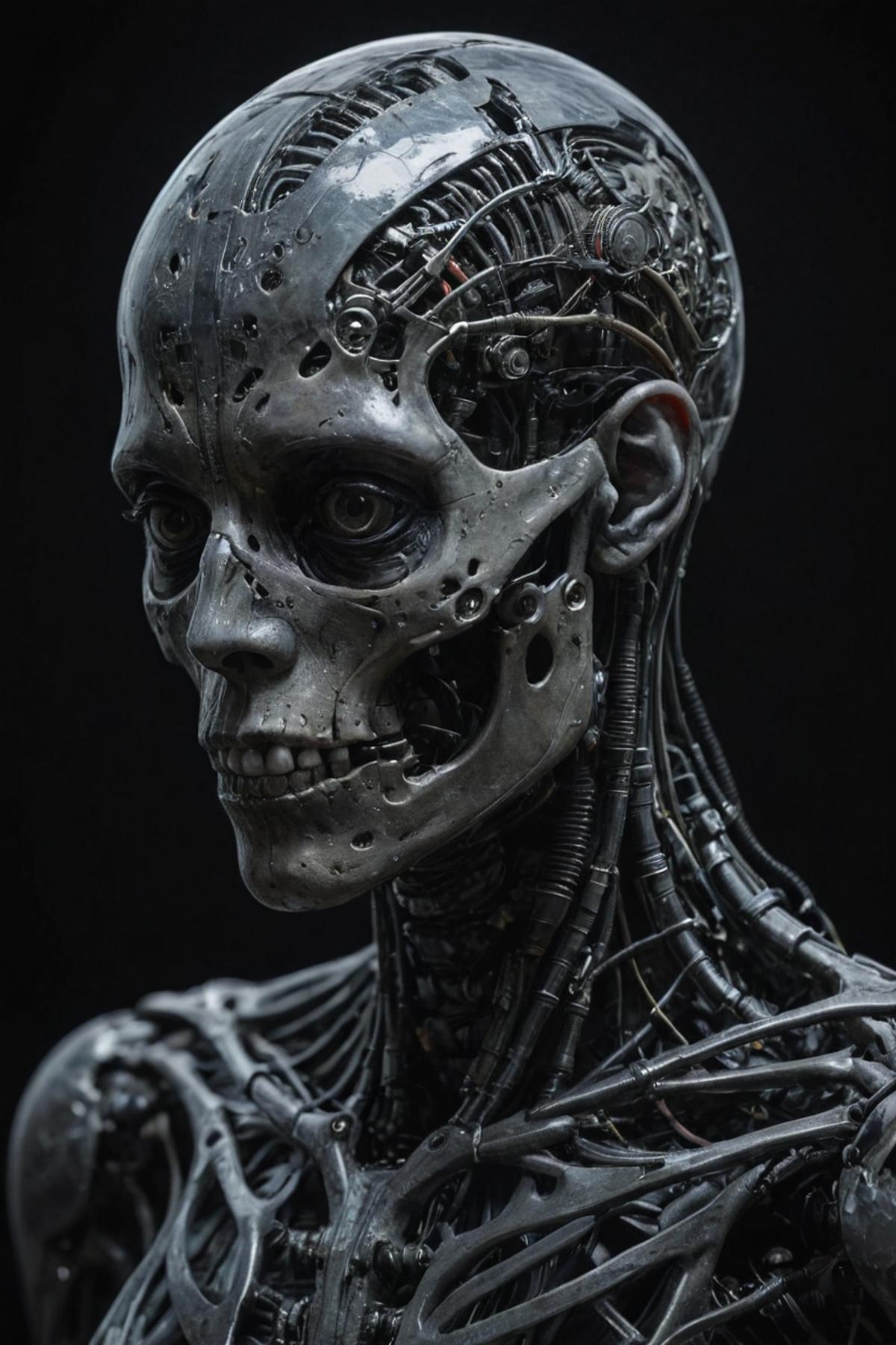 A close-up of a robot head featuring a skeleton face with wires and gears, reminiscent of a futuristic cyborg.
