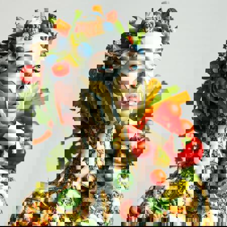 A beautiful woman made entirely of mixed vegetables, dripping with ranch dressing